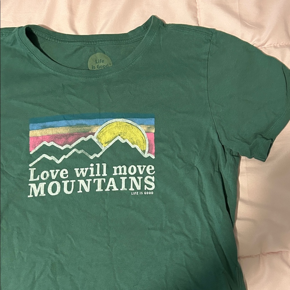 Life Is Good Green Tee with Mountain and Sun Graphic